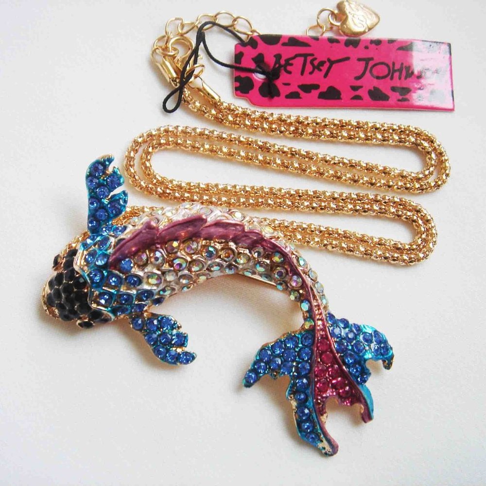NWT CRYSTAL MULTI COLORED KOI FISH NECKLACE BROOCH